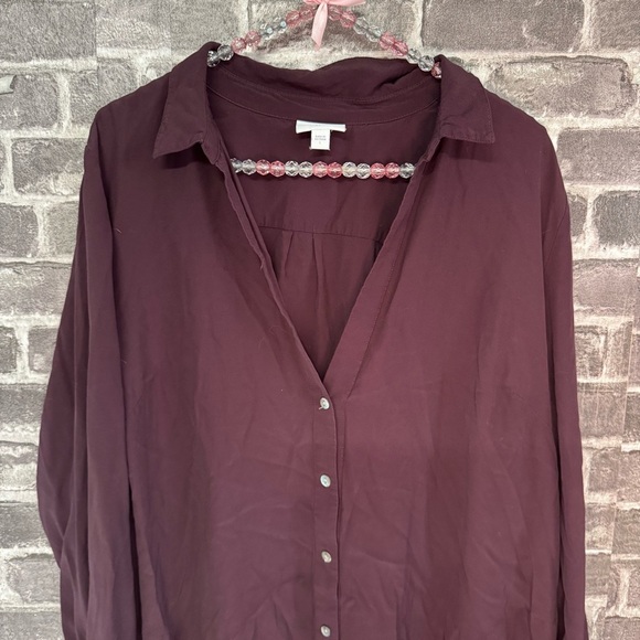 J. Jill button down blouse burgundy maroon button down shirt top - Picture 2 of 8